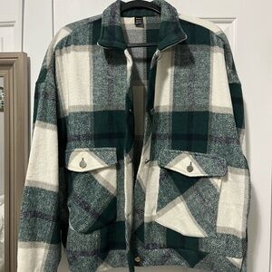 SHEIN Green and Cream Oversized Plaid Jacket